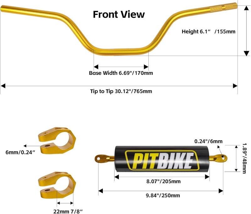 DAYIMADE 7/8" Pit Bike Handlebars with Foam Pad – Motorcycle Handlebars for CRF YZF KXF KLX RMZ DRZ Dirt Bikes, ATV, Quad, E-Bike Mods,T6 Aluminum 7/8 Motorcycle Handlebar Upgrade (Gold) - Image 3